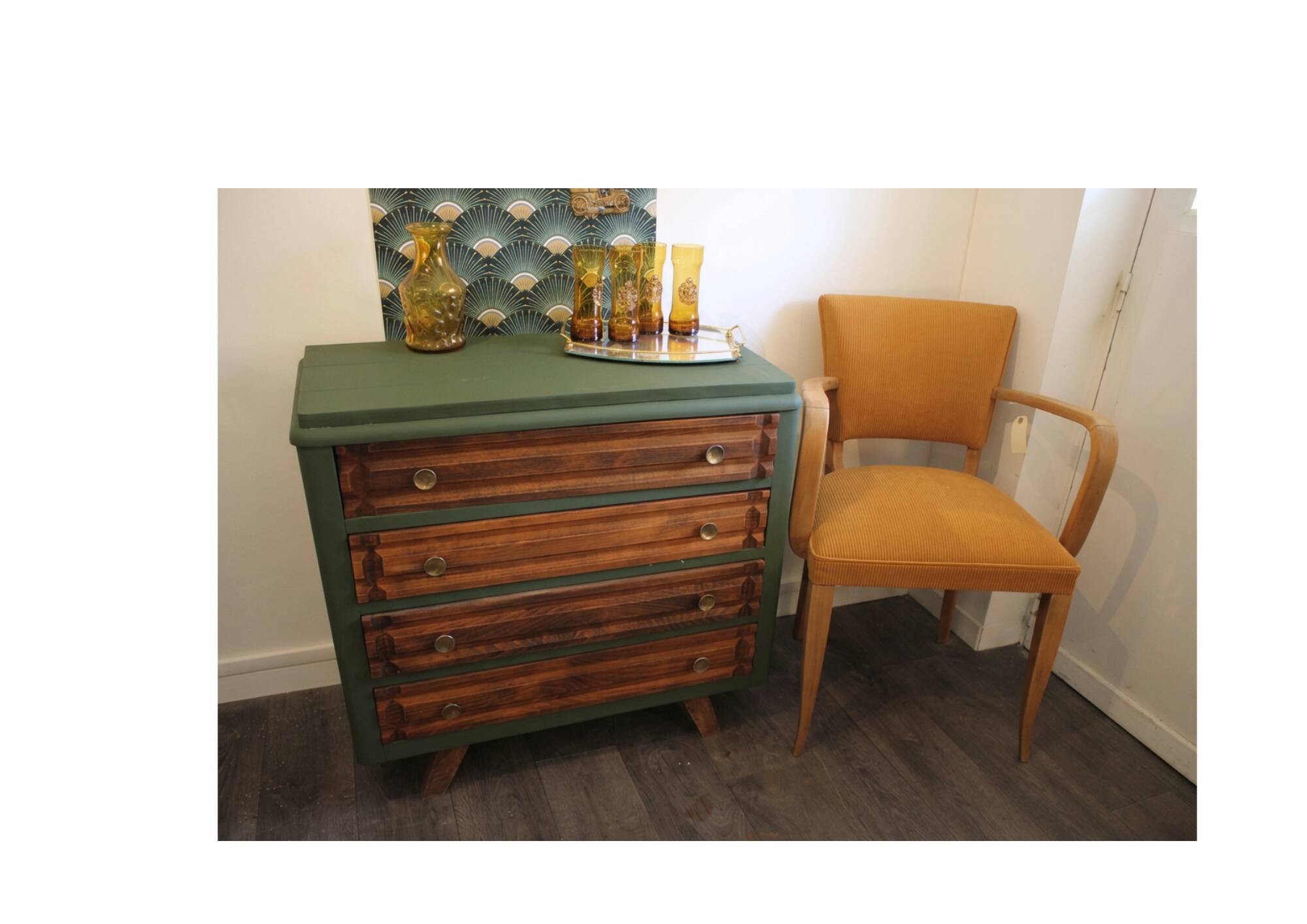Commode vintage 4 tiroirs verte et bois