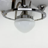 Lustre Art Déco en chrome et verre laiteux, restauré, années 1930