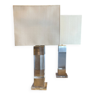 Paire De Lampes En Plexiglass & Acier Brossé, Charles Hollis Jones, 1970s
