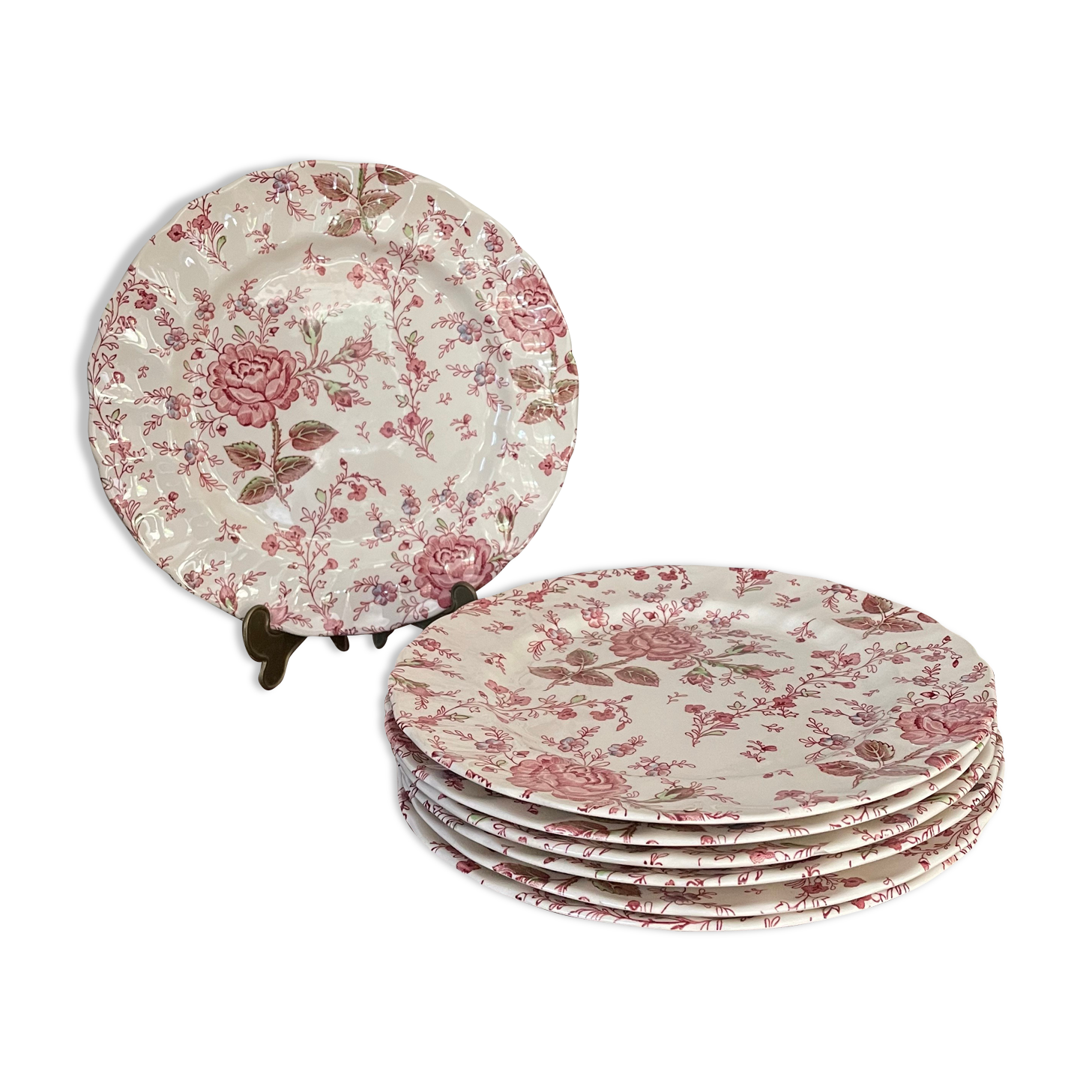 Lot de 7 assiettes plates rose Chintz Johnson Bros vintage Selency