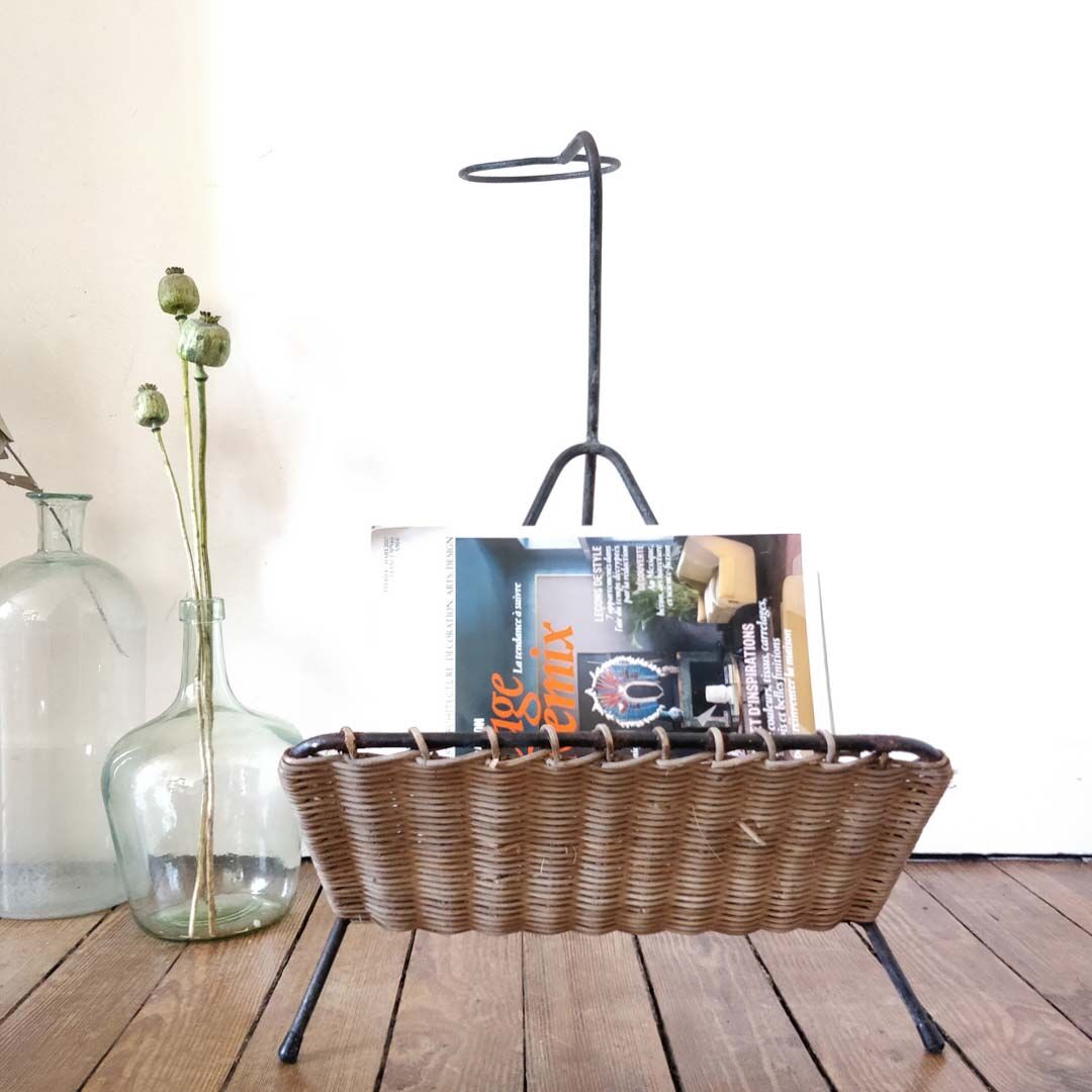 Wicker and metal magazine holder
