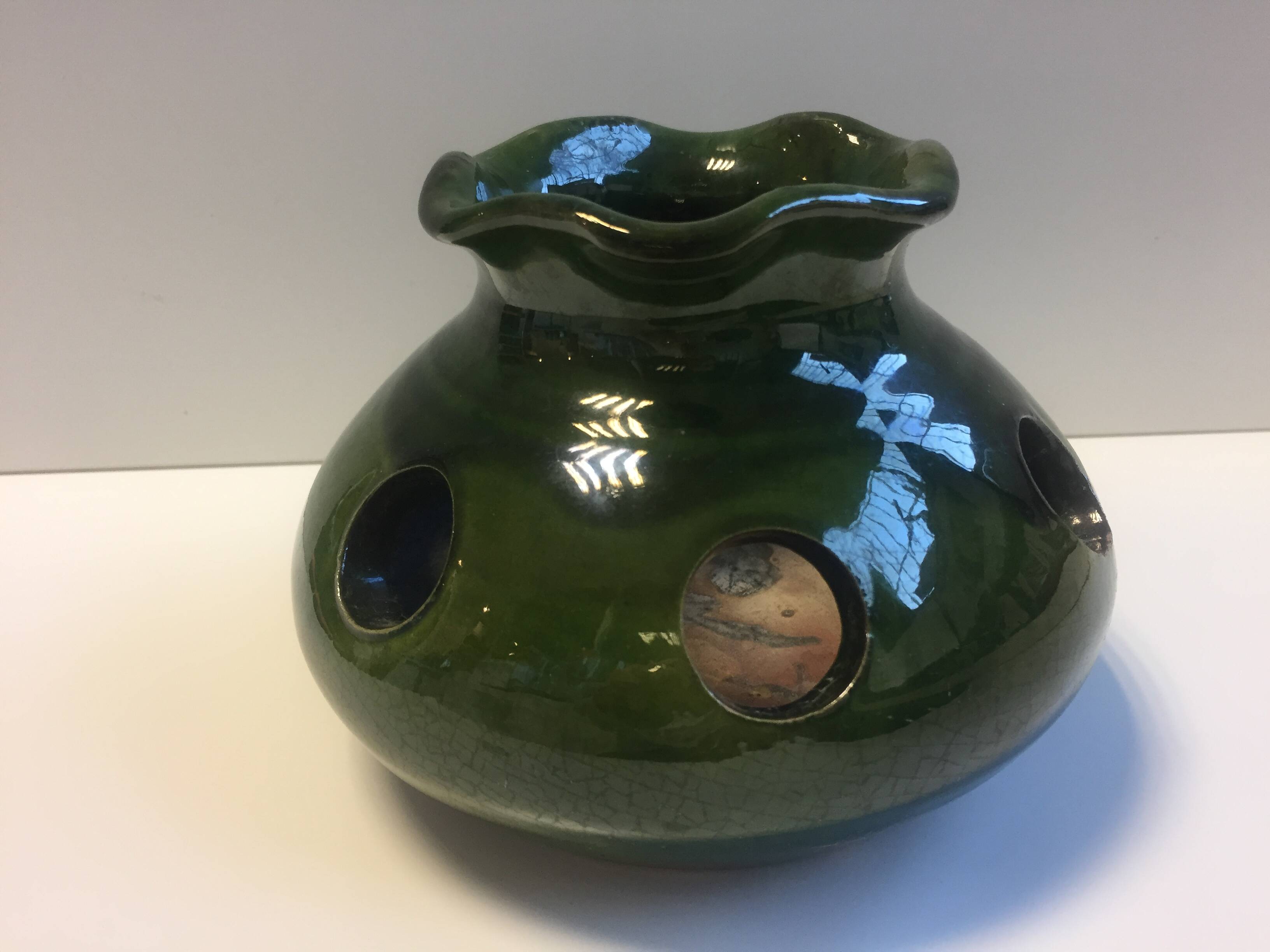 Old Bulb Pot Vase or Brasero Candle Holder Green Enameled Terracotta Pottery