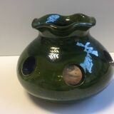 Old Bulb Pot Vase or Brasero Candle Holder Green Enameled Terracotta Pottery