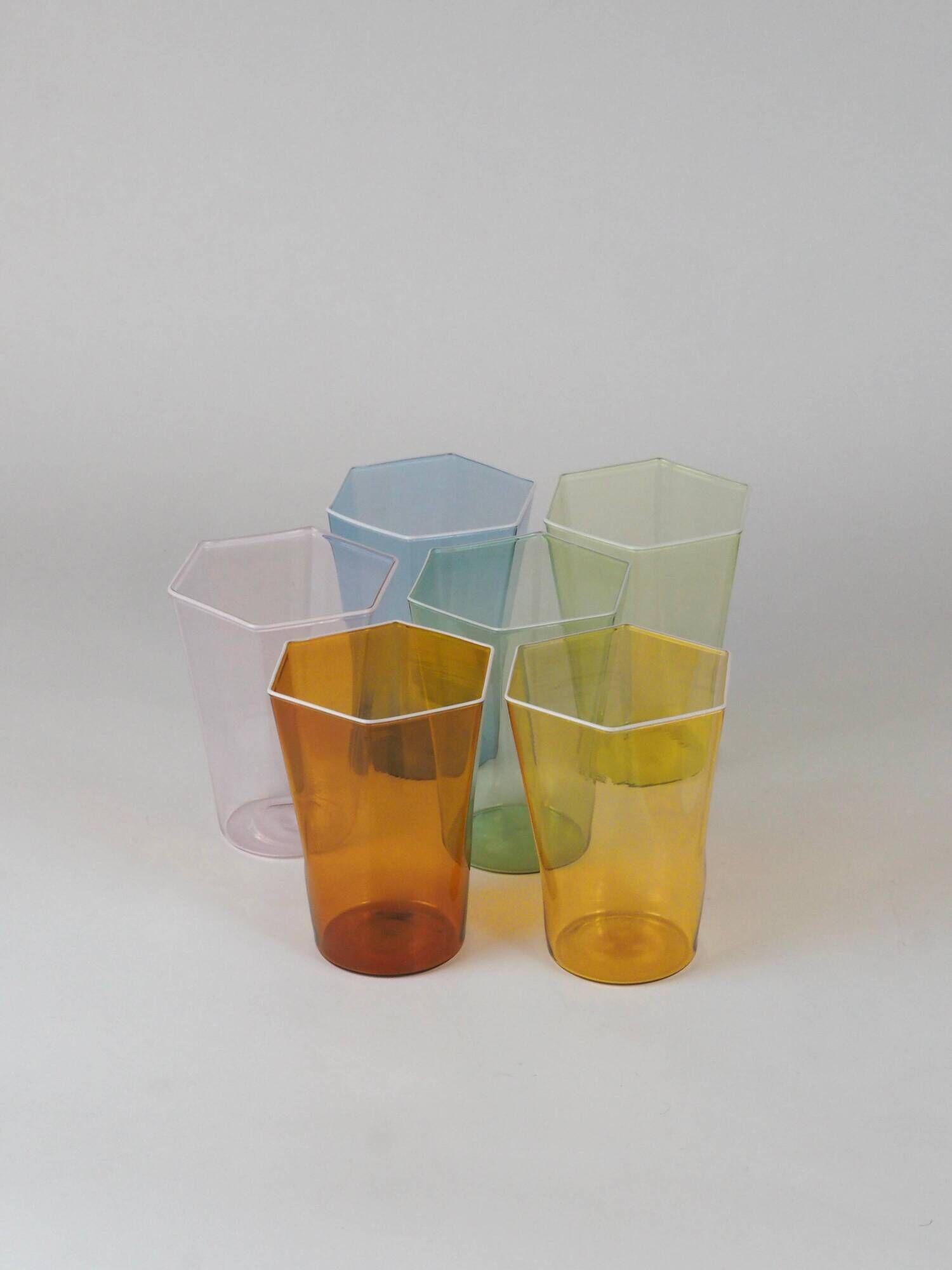 Set of six hexagonal Murano glass glasses handmade by Carlo Scarpa.