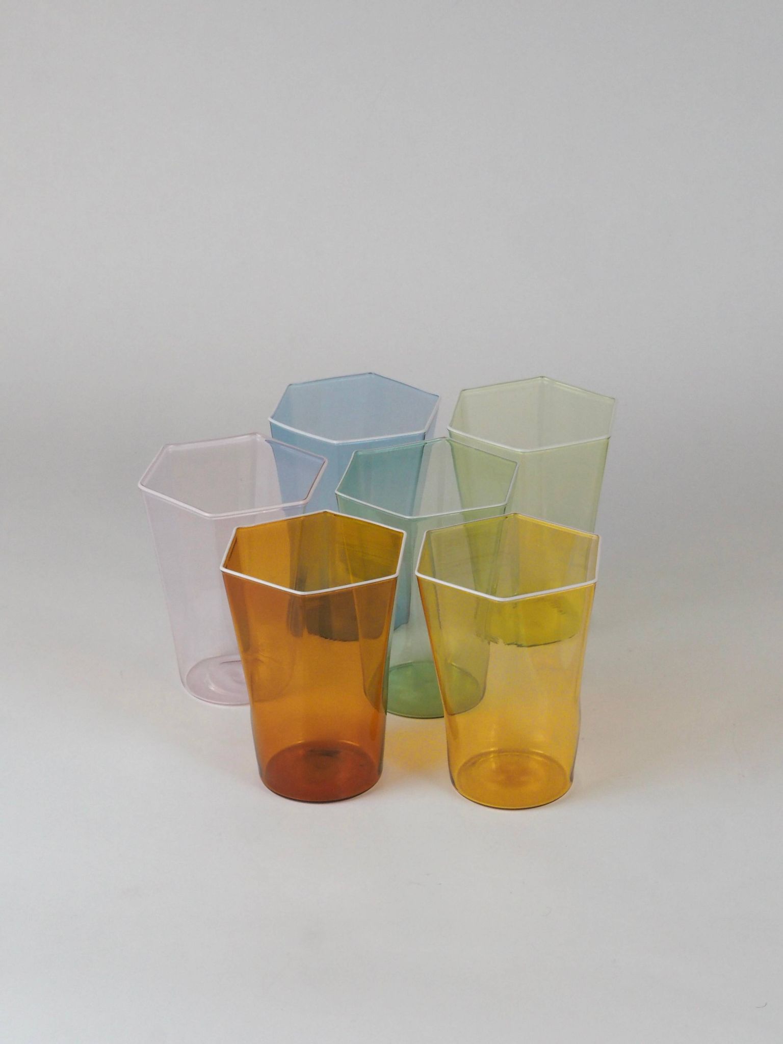 Set of six hexagonal Murano glass glasses handmade by Carlo Scarpa.