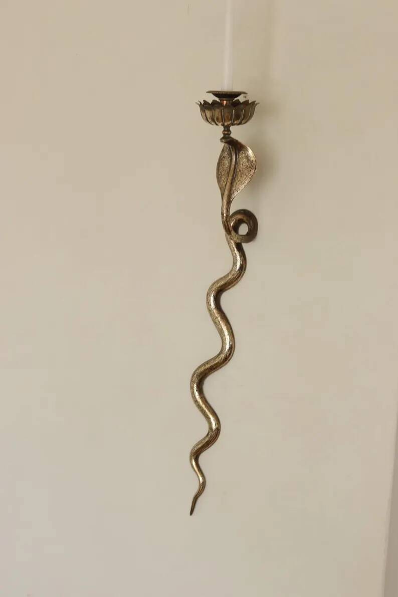 Pair of Neo-Egyptian Style Engraved Brass Wall Sconces Featuring Cobras