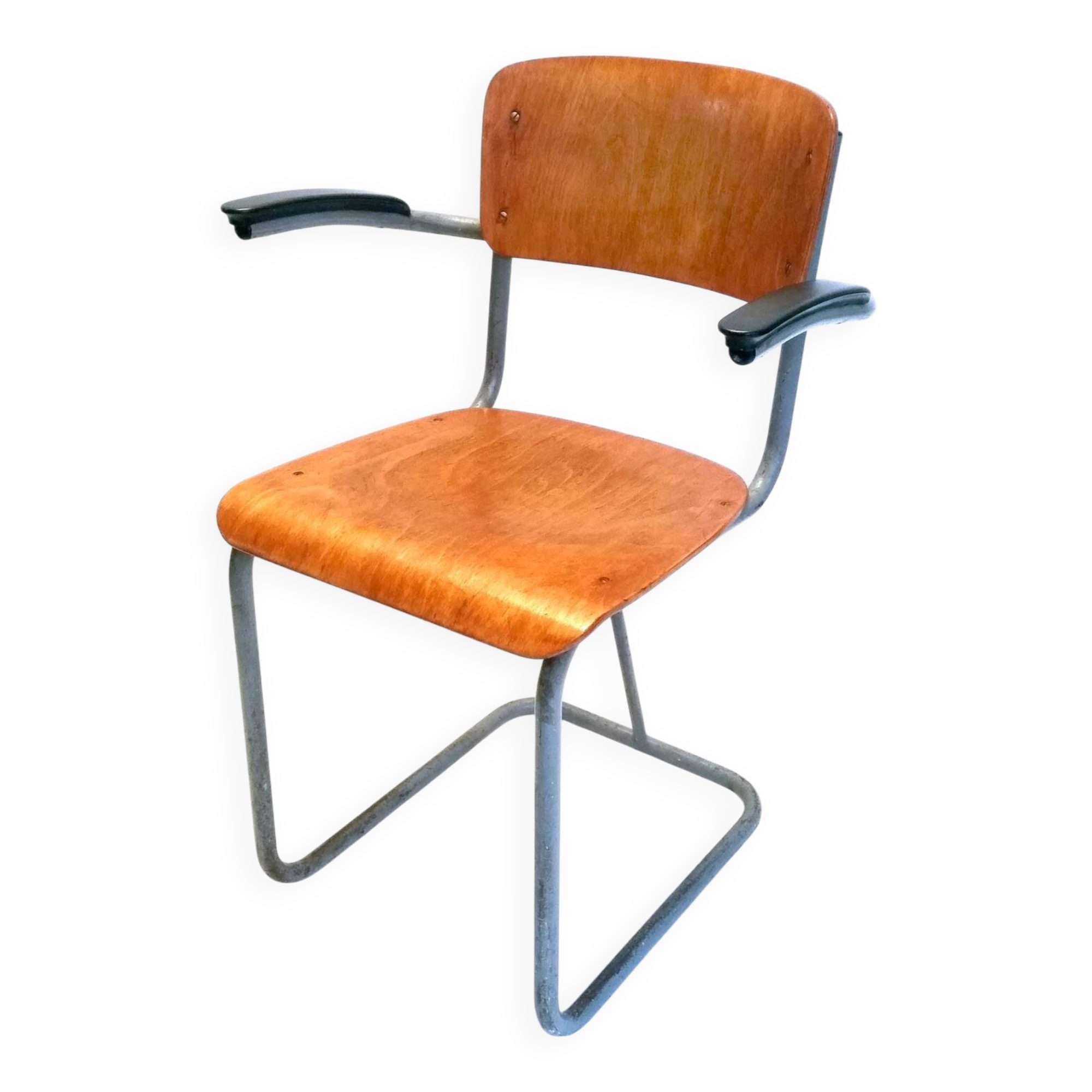 Dutch plywood vintage forties chair with bakelite armrests