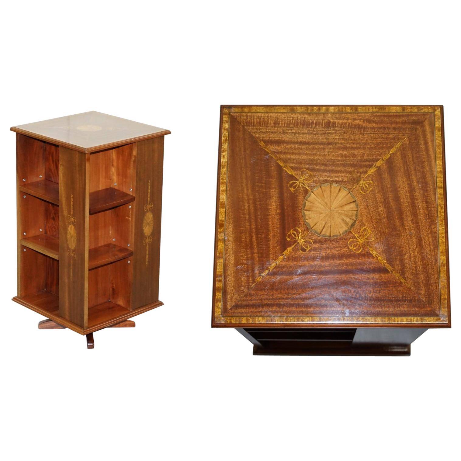 Edwardian burr walnut revolving bookcase with Sheraton inlays circa 1900
