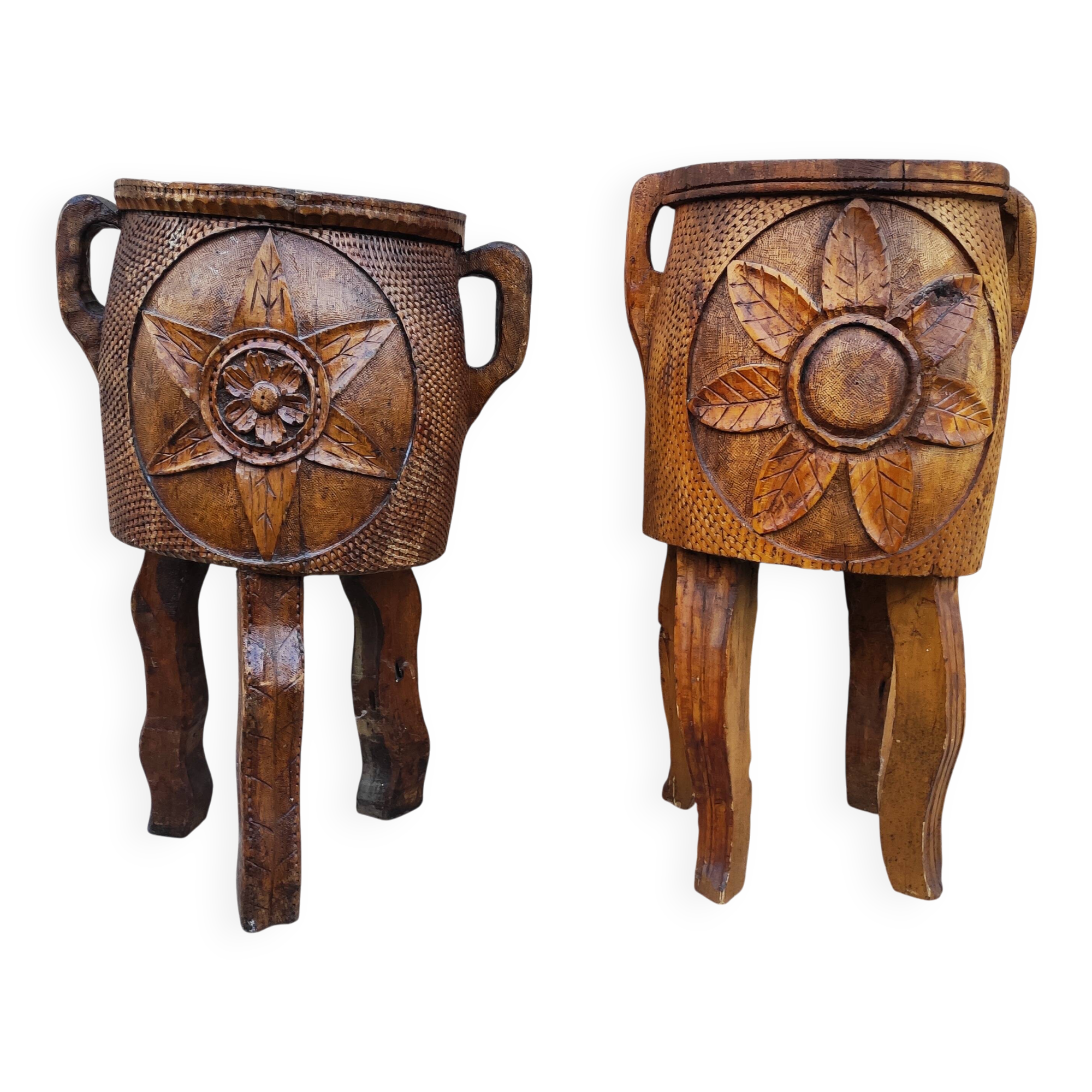Pair of antique brutalist planters, Savoyard folk art