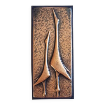 Rare sculpture en relief en laiton de hérons, années 1970