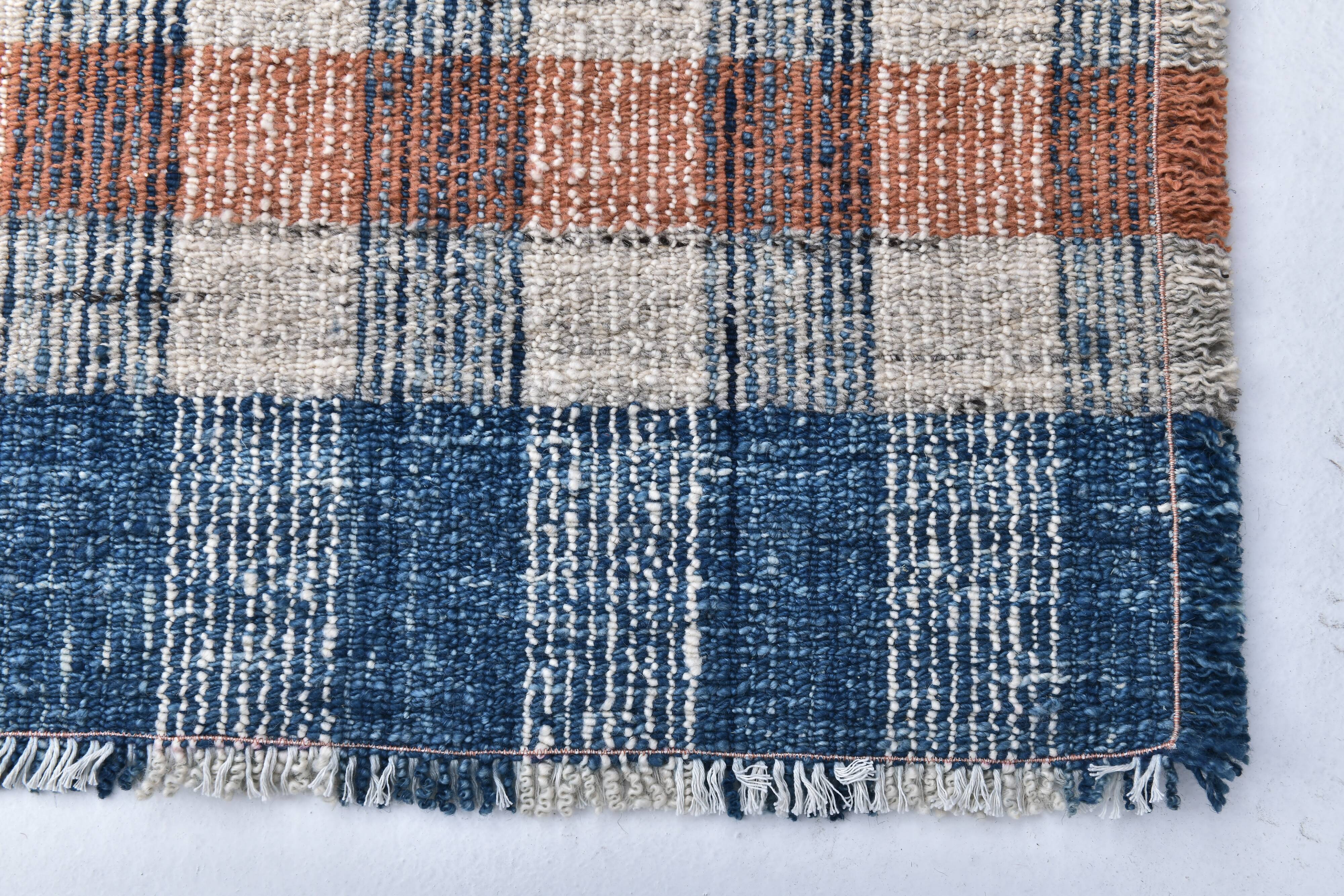 85x325 cm Runner Rug, Blue Terracota Hand made Rug, Made With Wool.