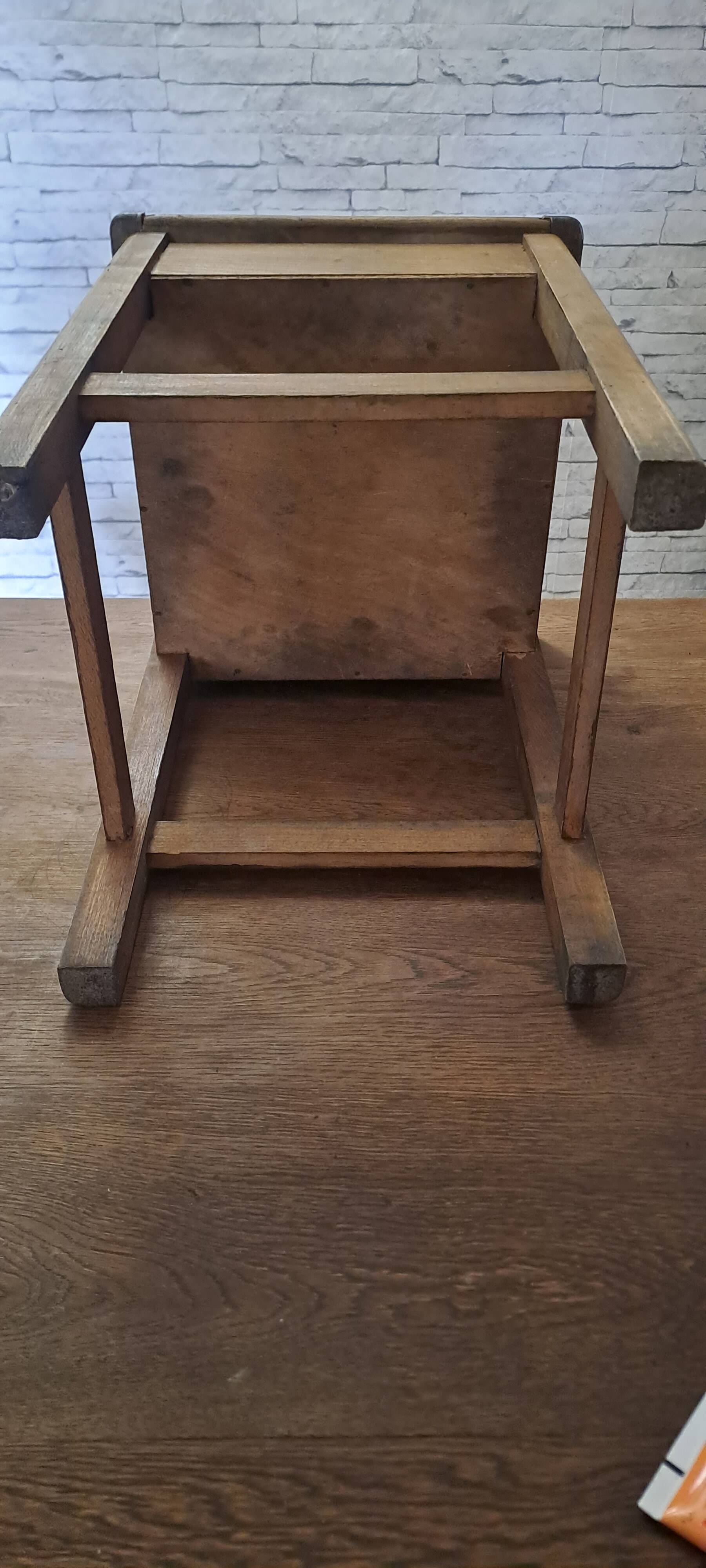 Stained brown wood stool 1940 with locker extra furniture decoration kitchen workshop veranda