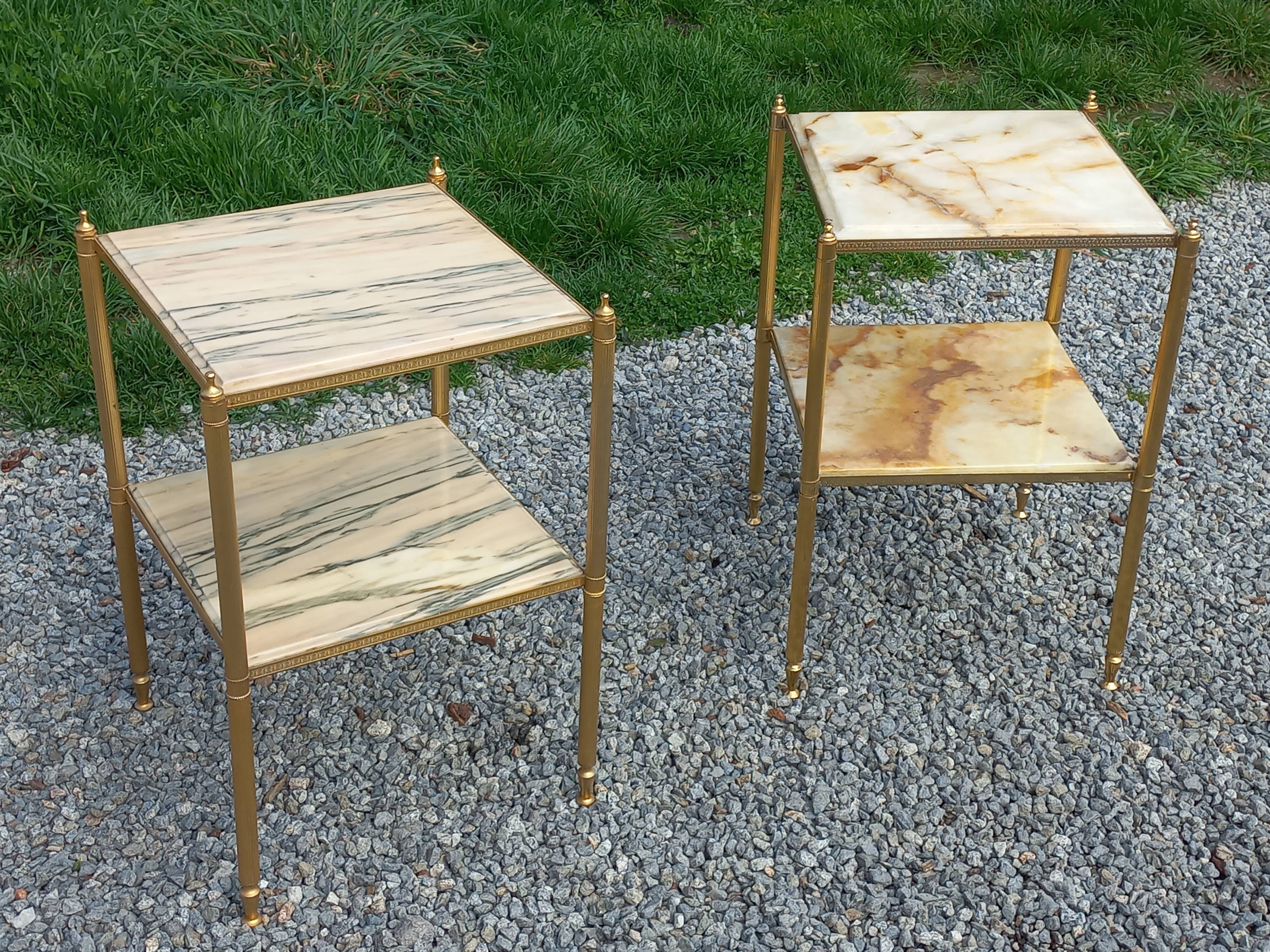 Pair of neoclassical side tables in bronze, brass, marble, and o.