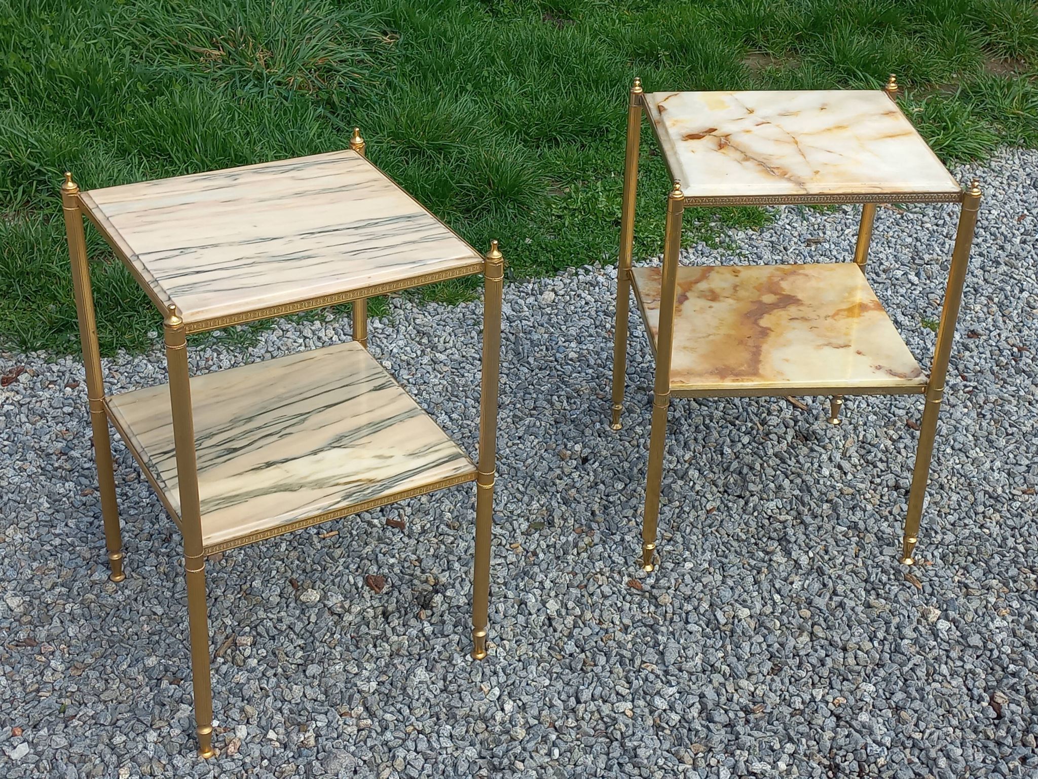 Pair of neoclassical side tables in bronze, brass, marble, and o.