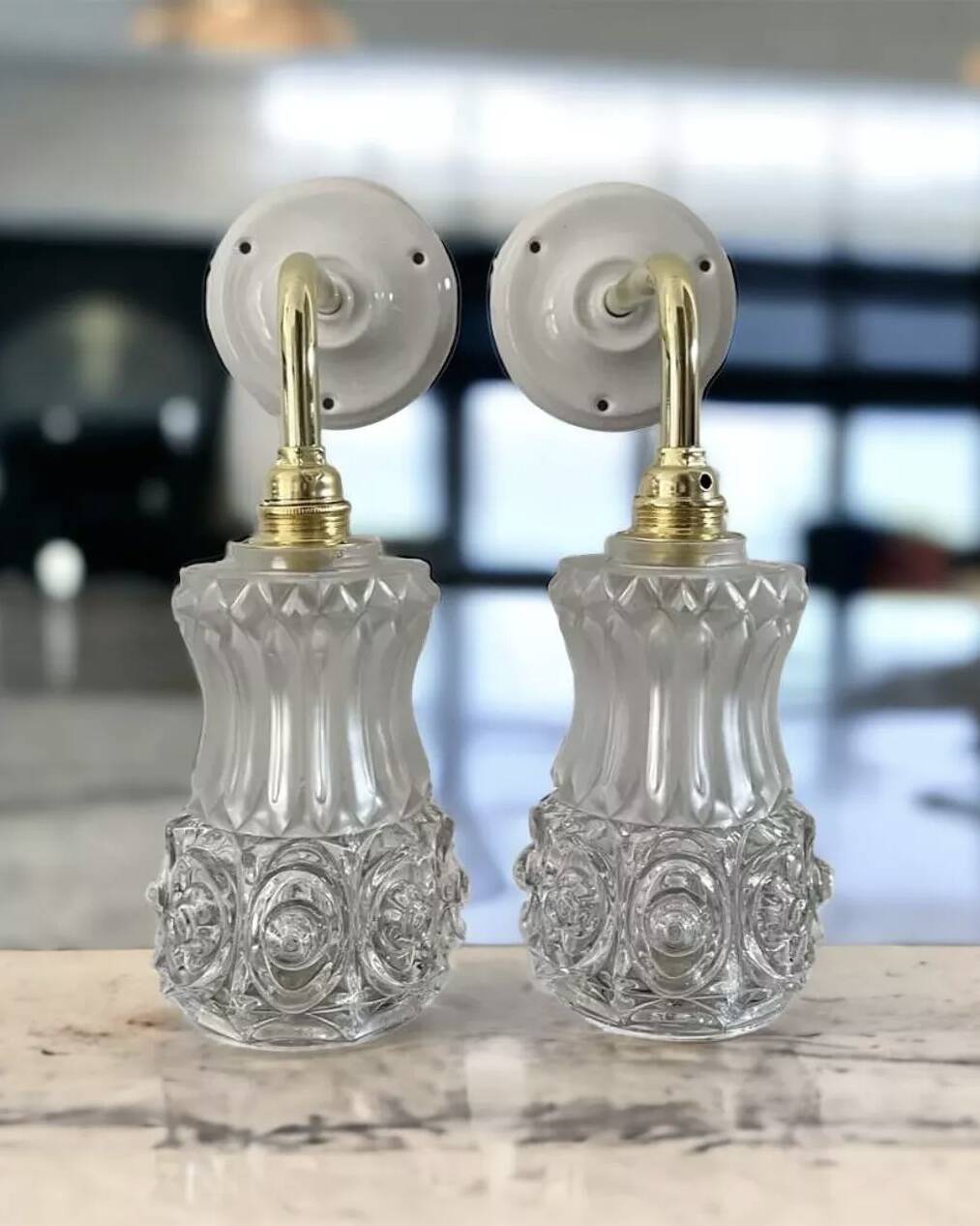 Pair of vintage gold and chiseled glass wall lights