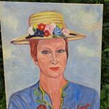 Canvas signed portrait "woman with straw hat"