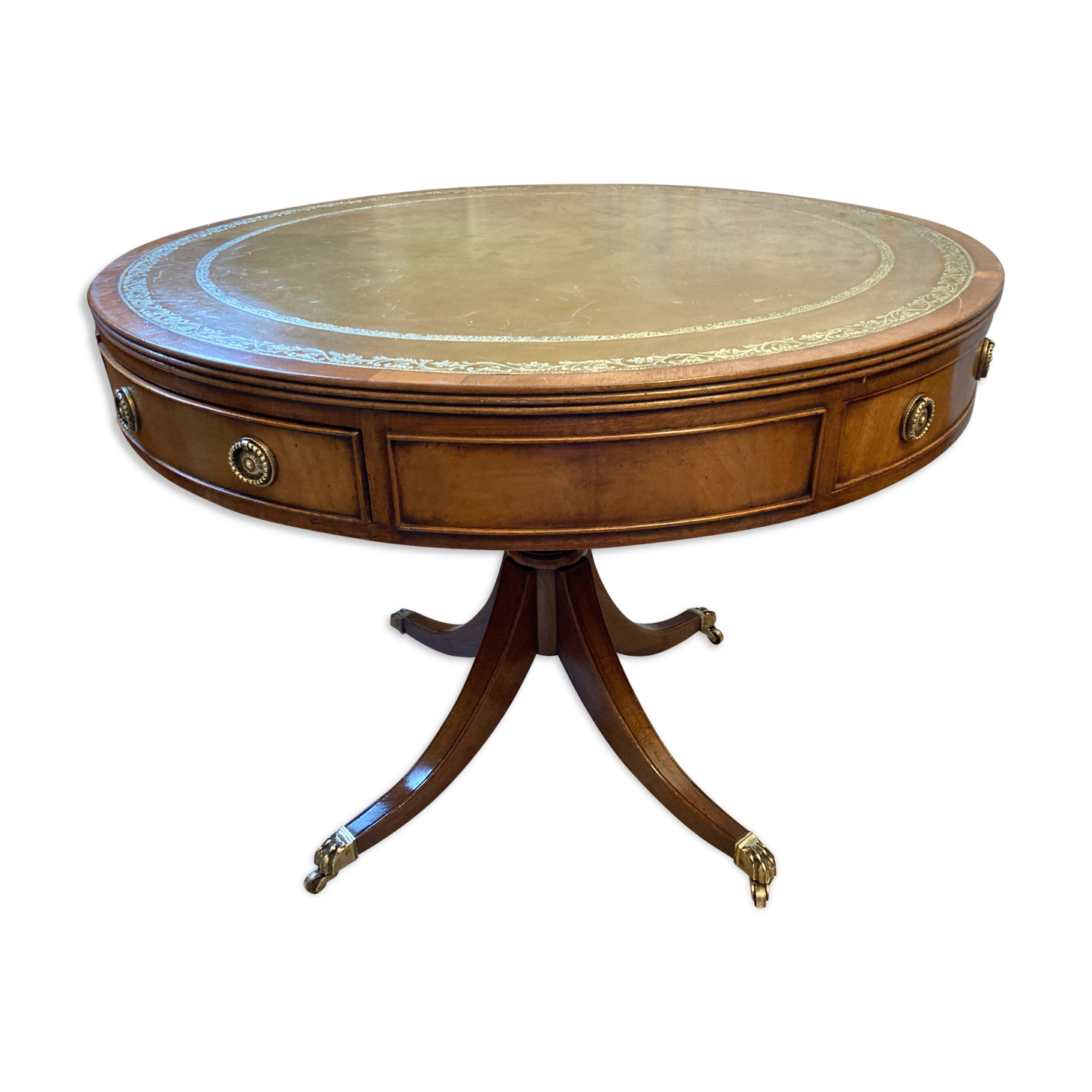 Old drum table 1900 cherry leather and brass