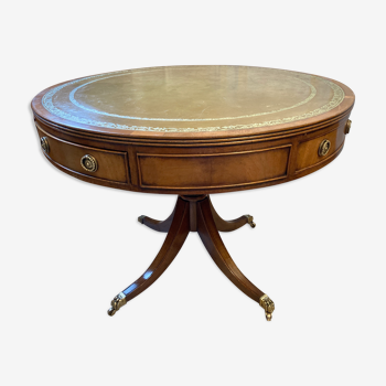 Old drum table 1900 cherry leather and brass