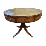 Table tambour 1900  merisier cuir et laiton