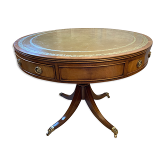 Old drum table 1900 cherry leather and brass