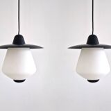 Set of 2 pendant lamps in black and white, 1950's