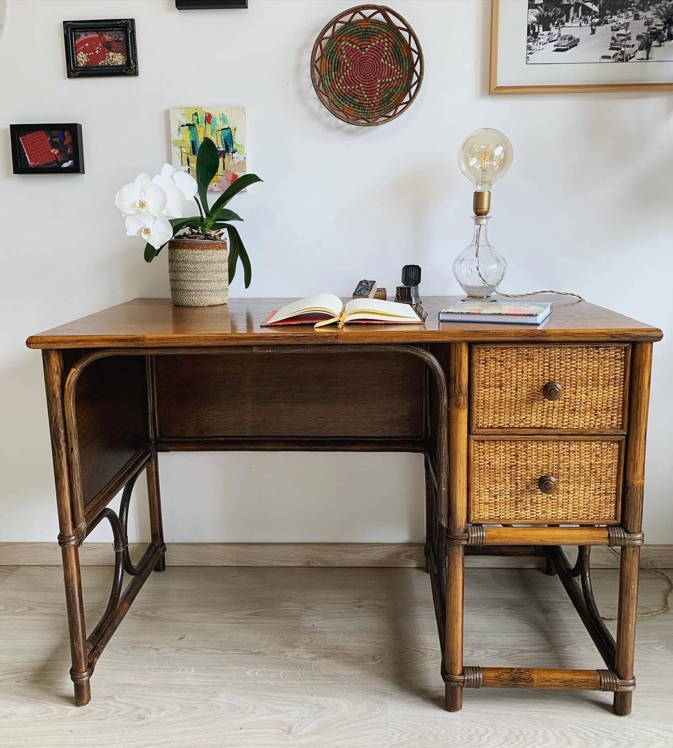 Vintage bamboo and wood rattan desk
