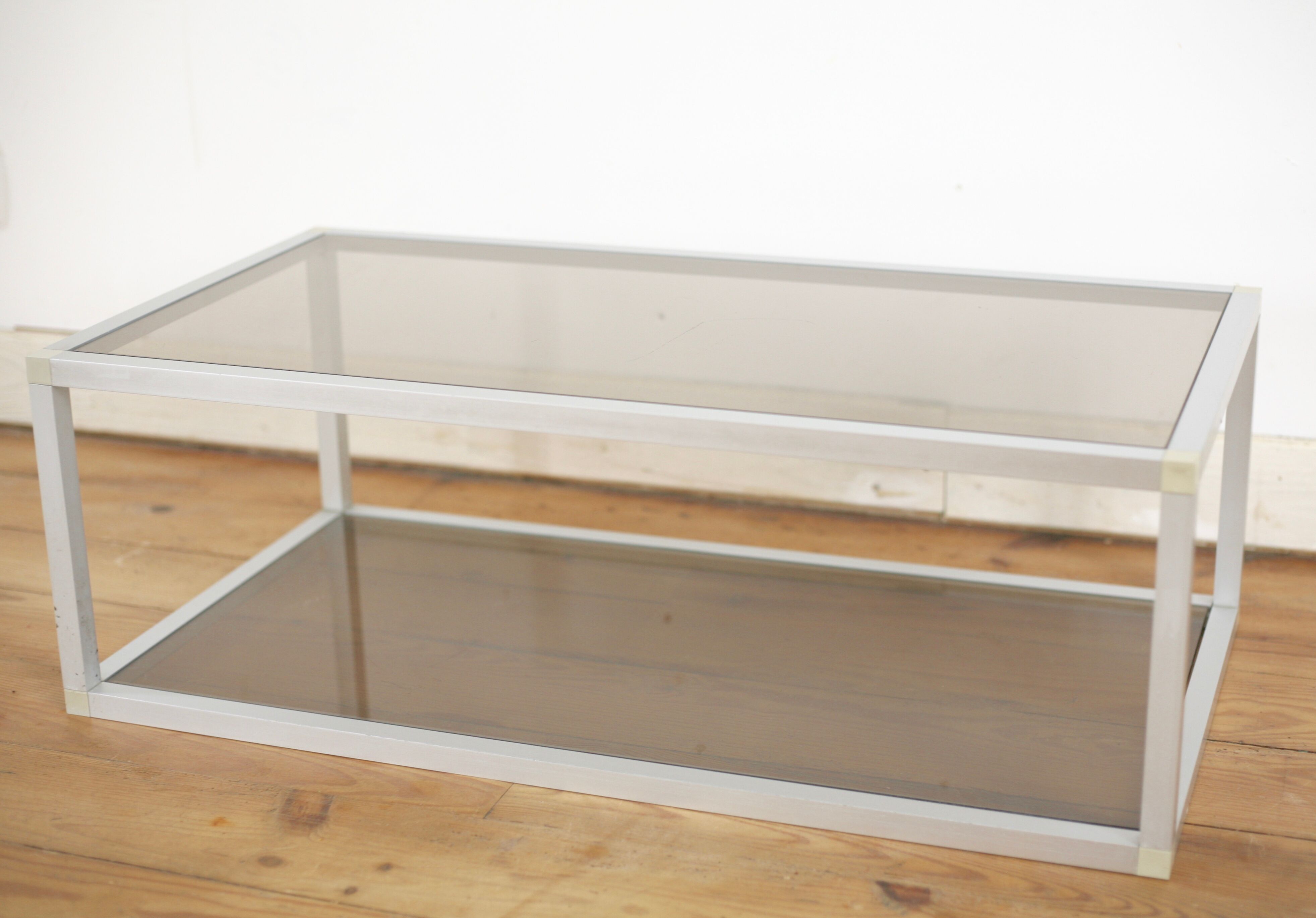 Aluminium coffee table and smoked glasses, France, circa 1980