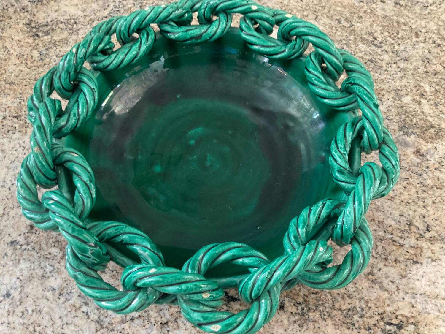 Large ceramic dish from Vallauris with green enamelled rope