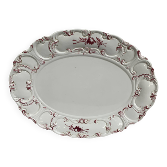 Large oval dish, cream ironstone with embossed patterns and burgundy color