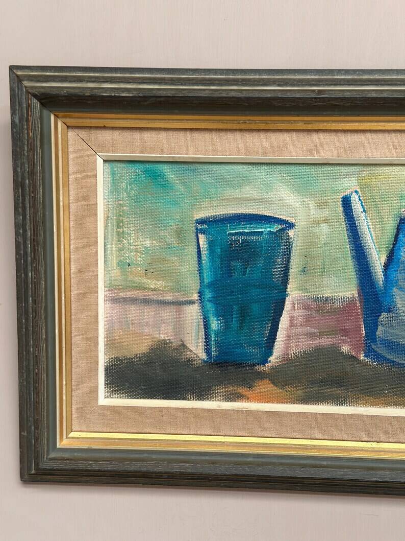 Large Original Swedish Oil on Panel – “Kettle Bowl and Glass” by Louis Zelig – Signed – Vintage & Framed – 40 × 80 cm (15.7" × 31.5")