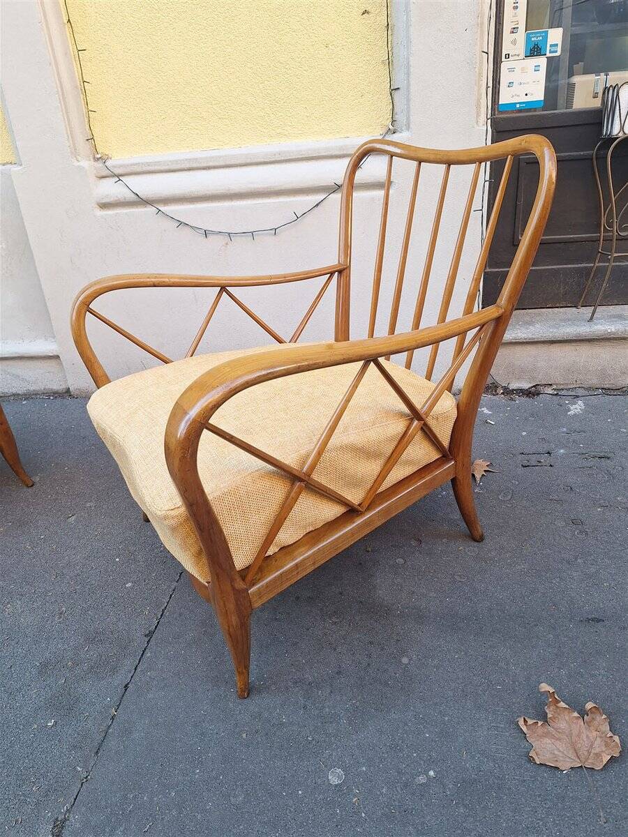 Armchairs in Wood and Yellow Fabric from Paolo Buffa, 1940s, Set of 2