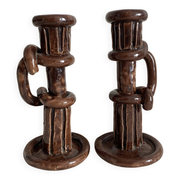 Pair of column candle holders in handmade ceramic