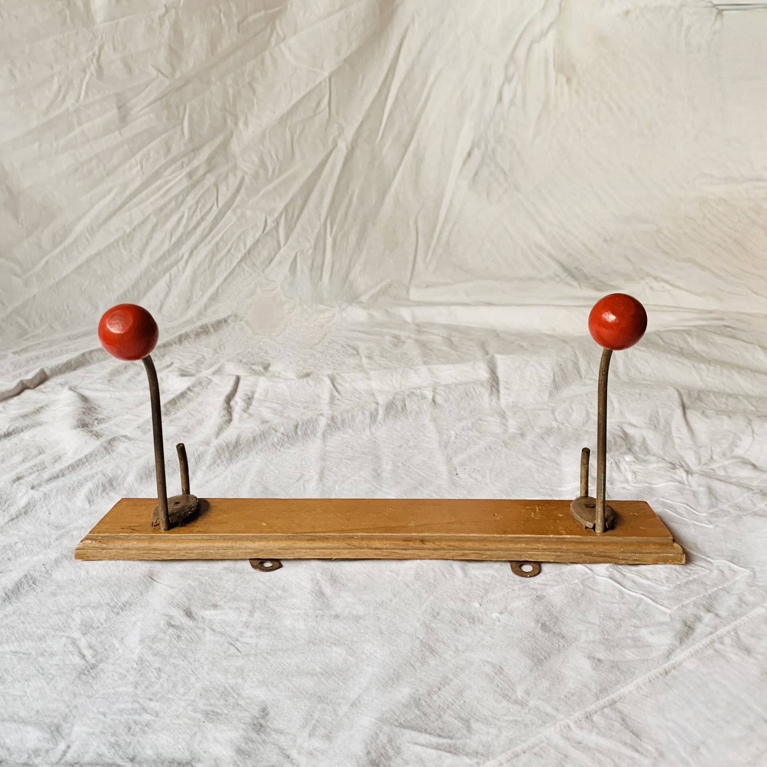 Vintage wall coat rack - double hook - red wooden balls