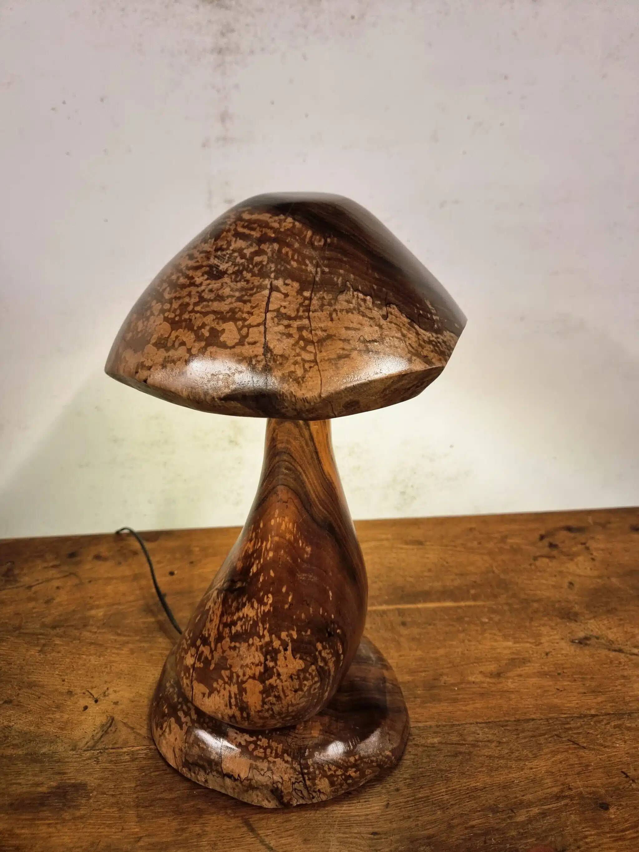 Hand-carved wooden mushroom table lamp with integrated LED