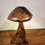Hand-carved wooden mushroom table lamp with integrated LED