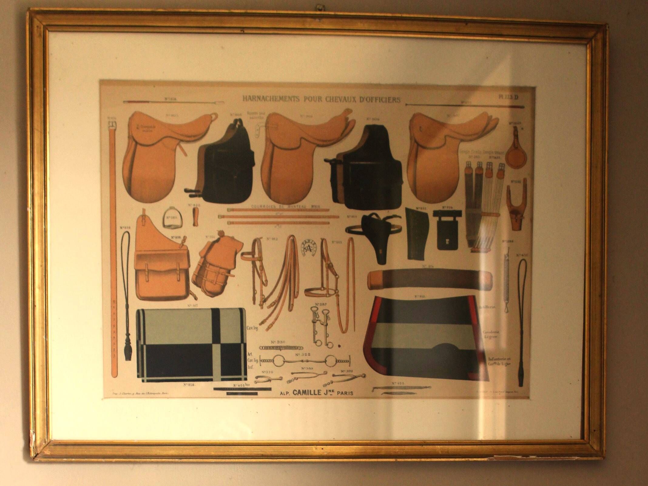 Framed lithograph "horse riding saddlery Alp Camille", late 20th century
