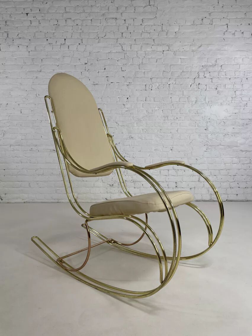 60s rocking chair in brass and ecru faux leather