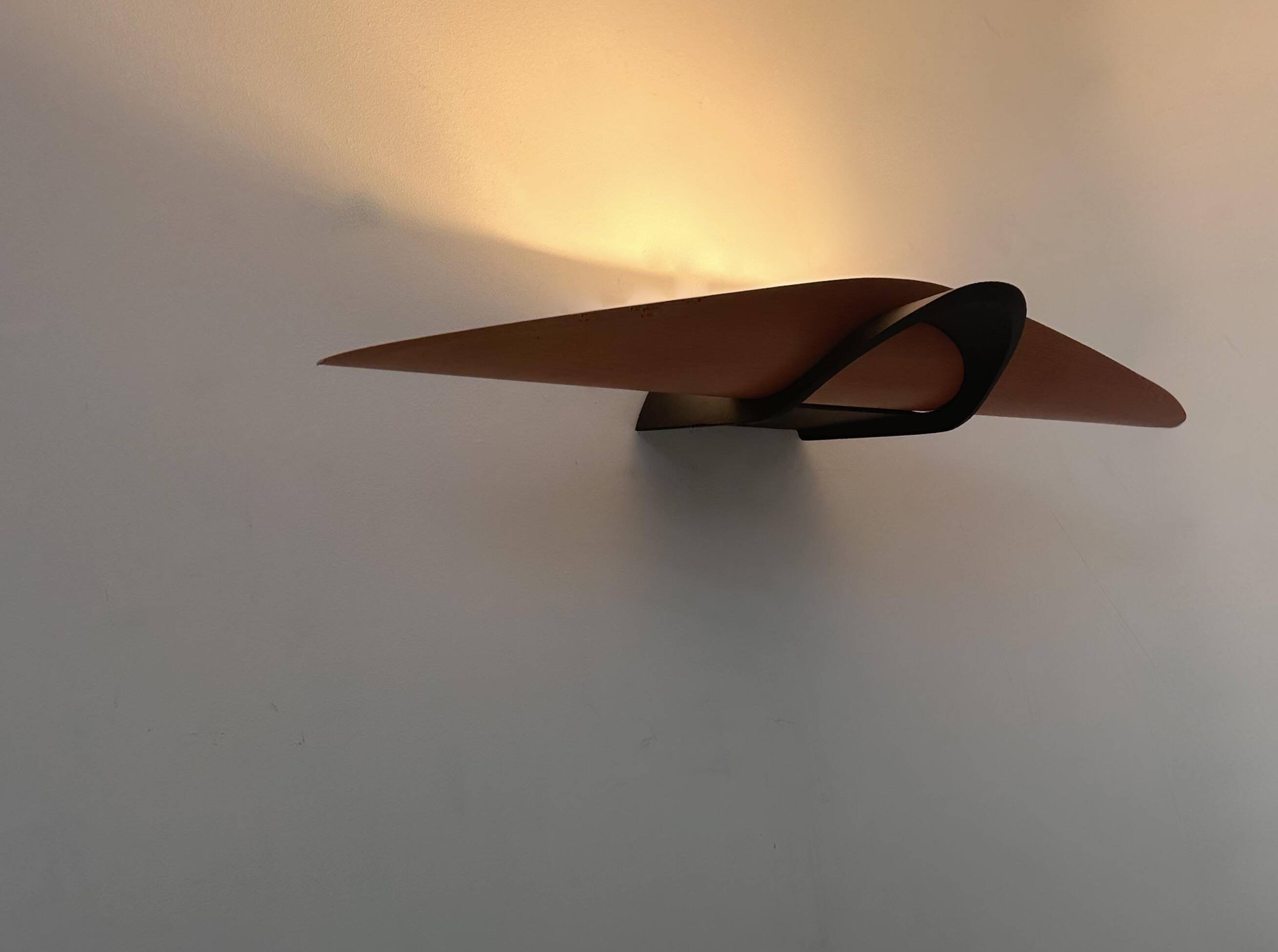 Vintage modernist wall lamp, black lacquered metal and wood, France 1980s