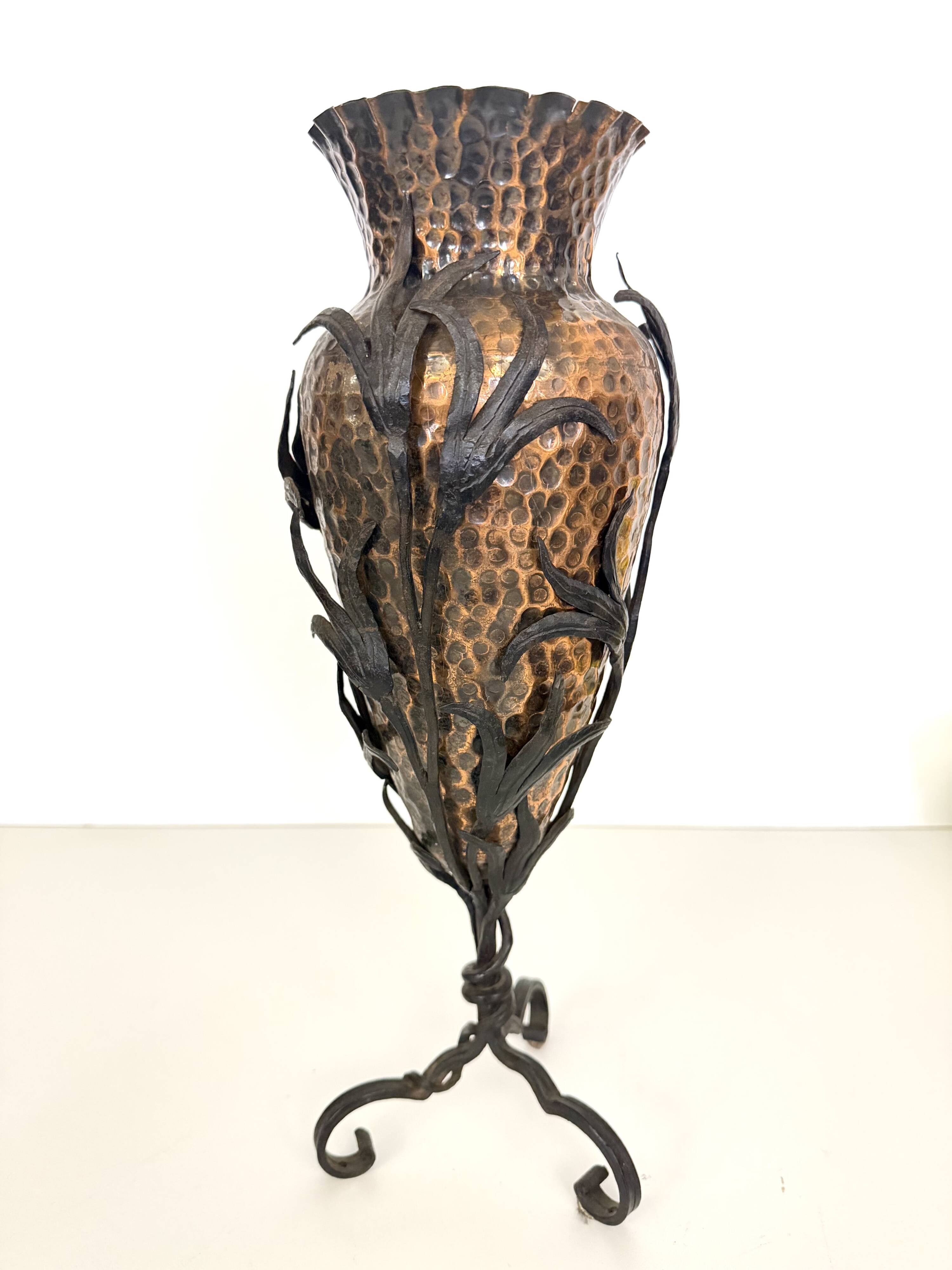 Copper Vase with Wrought Iron Snake and Leaves attr. to Alessandro Mazzucot