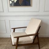 Scandinavian style armchair in wood and ecru fabric, 1950-1960