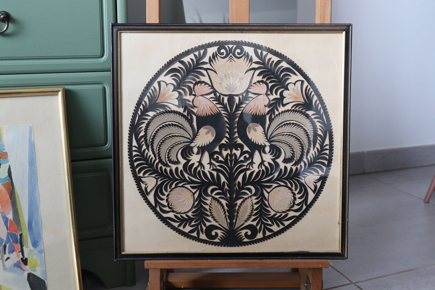 Decorative frame with roosters – vintage Polish découpage