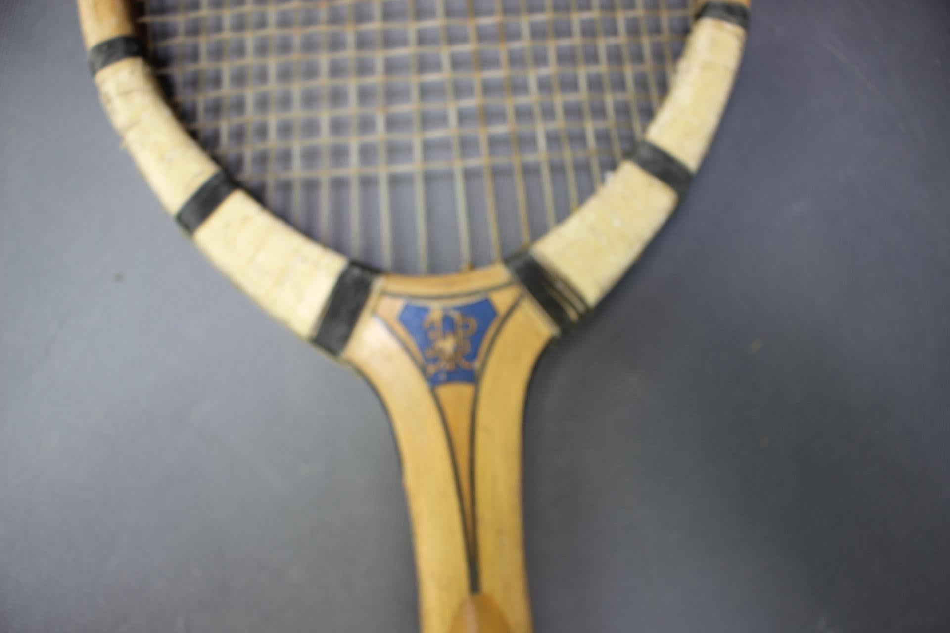 Prieur Paris tennis racket with original wooden press, circa 1930-1950.