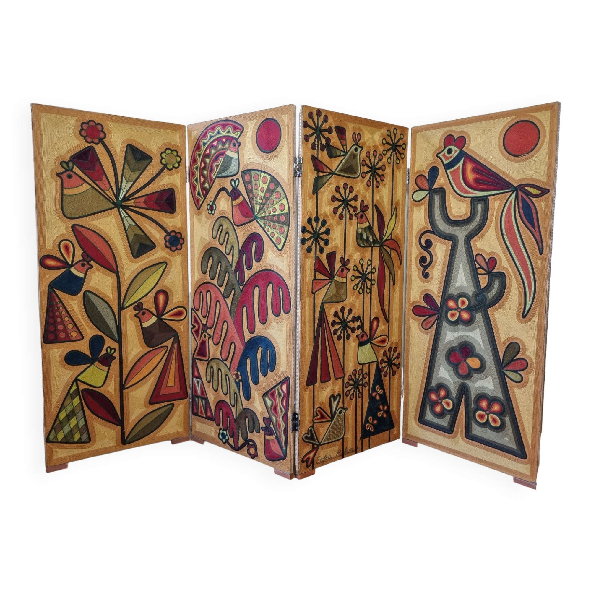 Paravent à décor de fils de laine, art "Huichol", signé, 123 cm