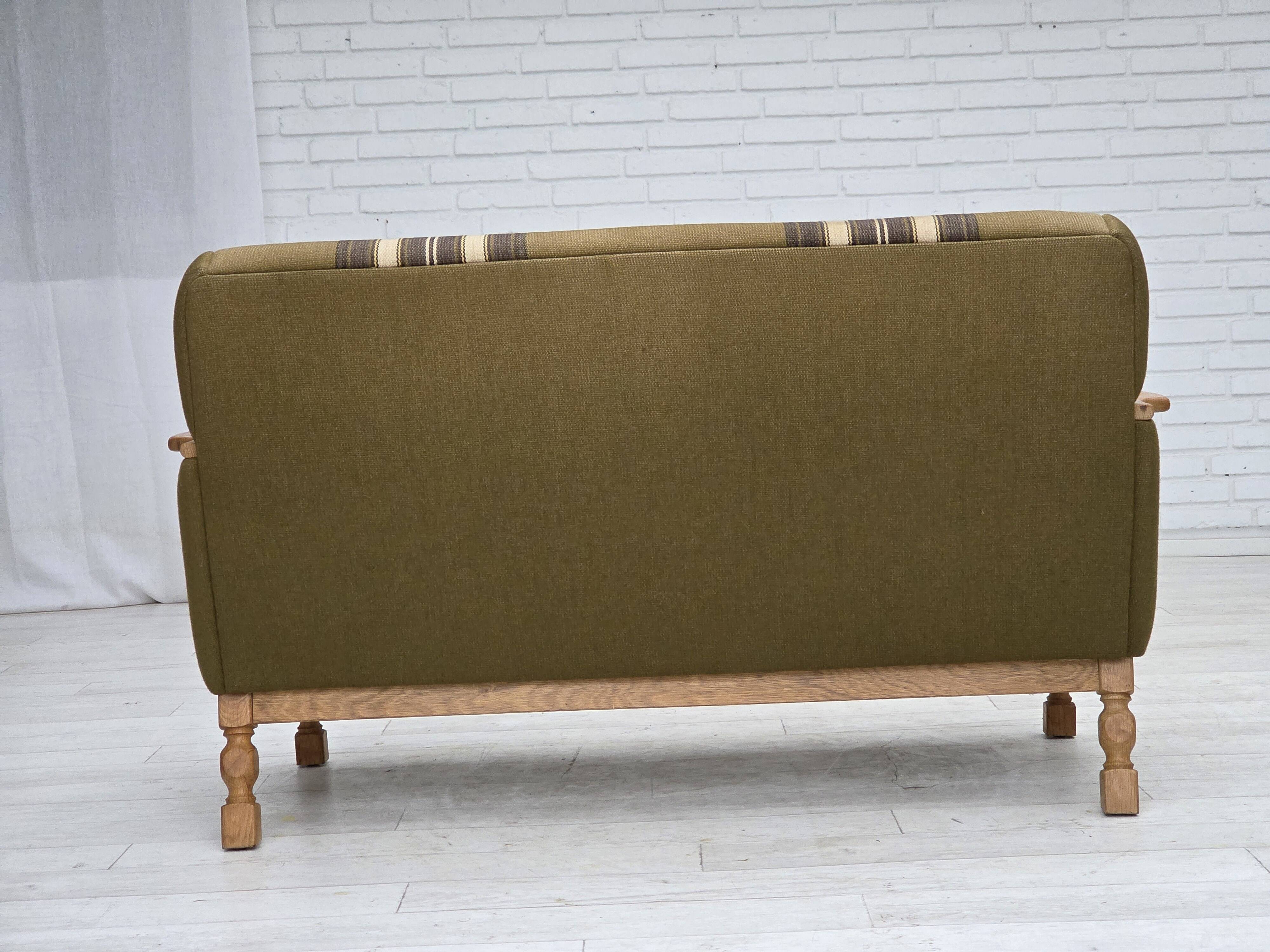 1970s, Danish 2-seater sofa, green furniture wool, oak wood.