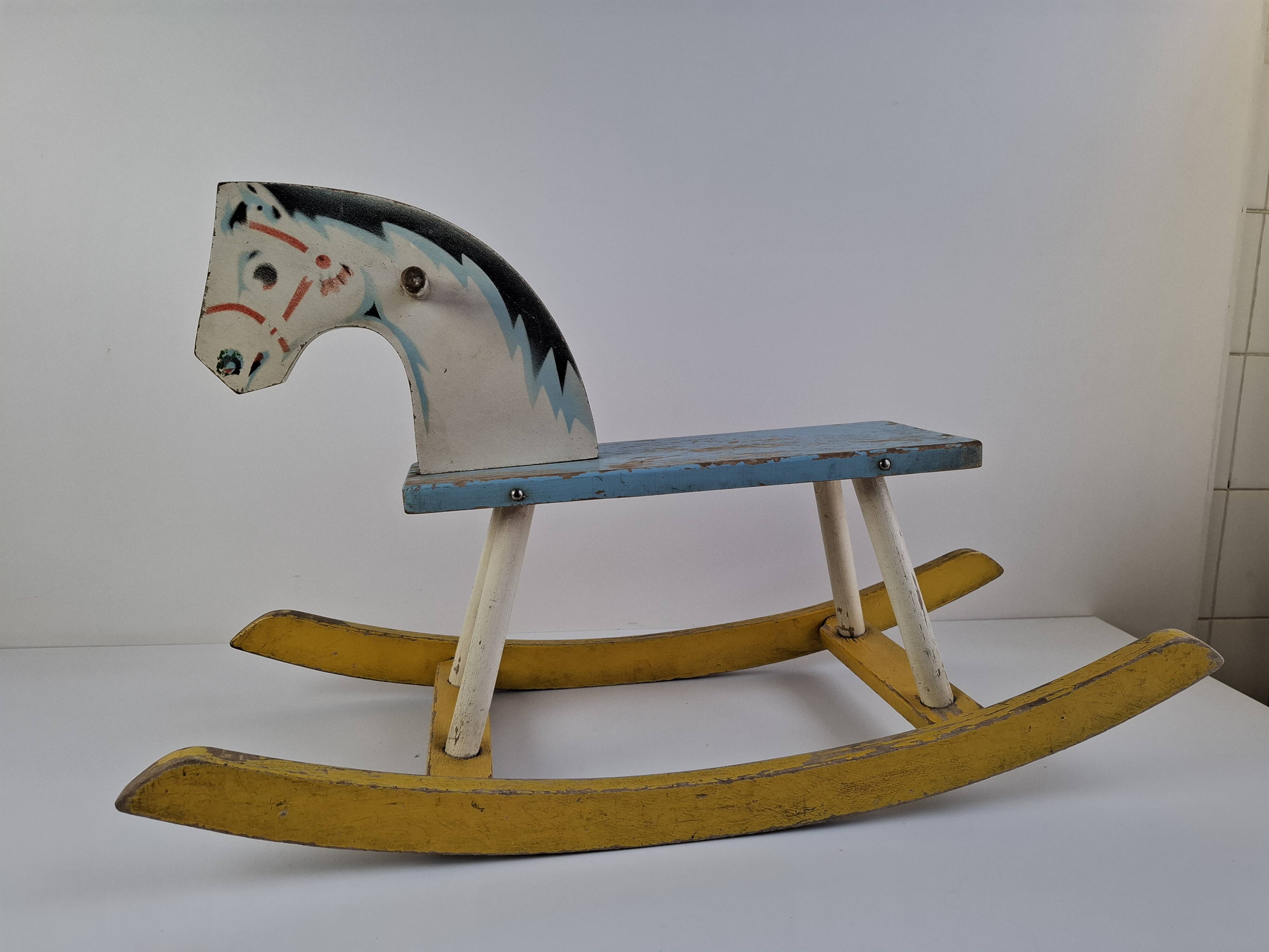 Mid-Century Czechoslovak Wooden Rocking Horse, Hand-Painted, 1960s