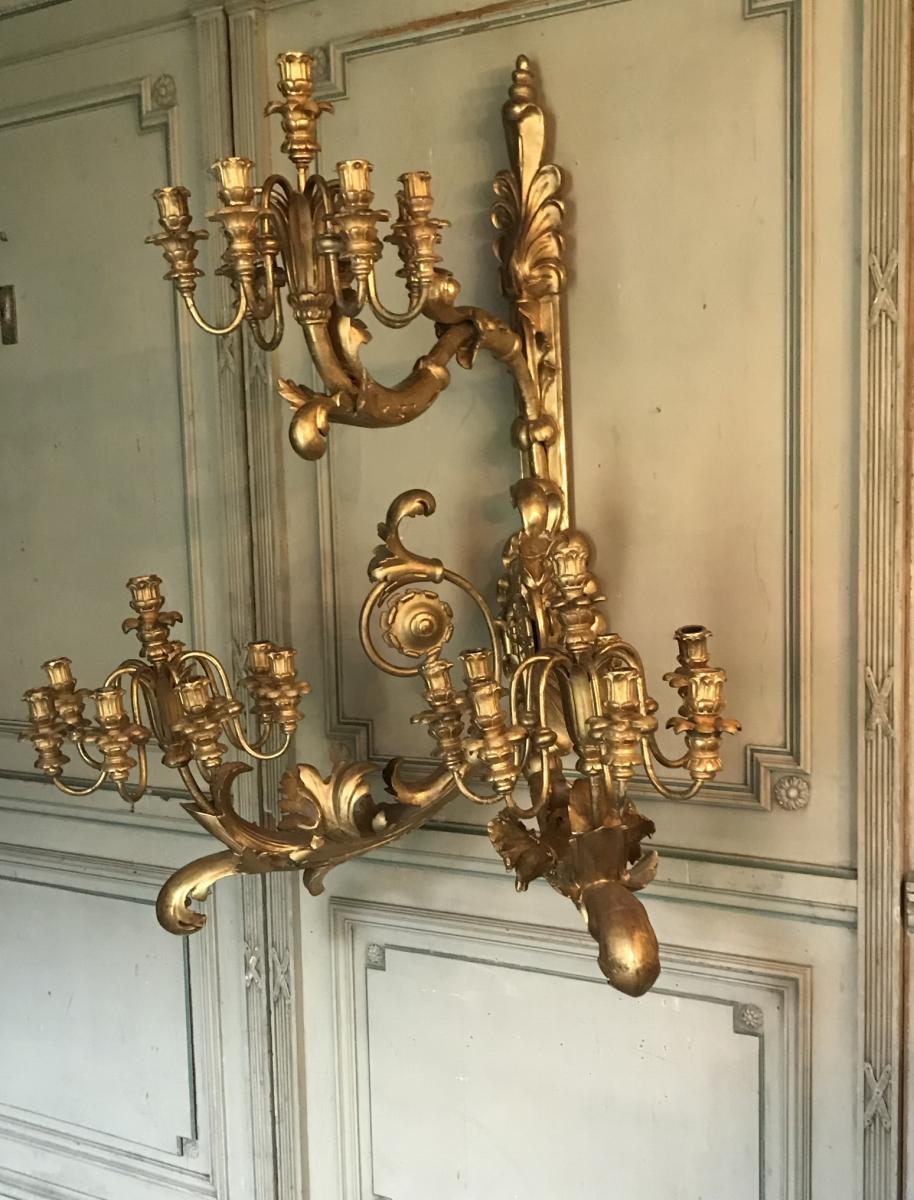 Pair of monumental wall light in golden wood
