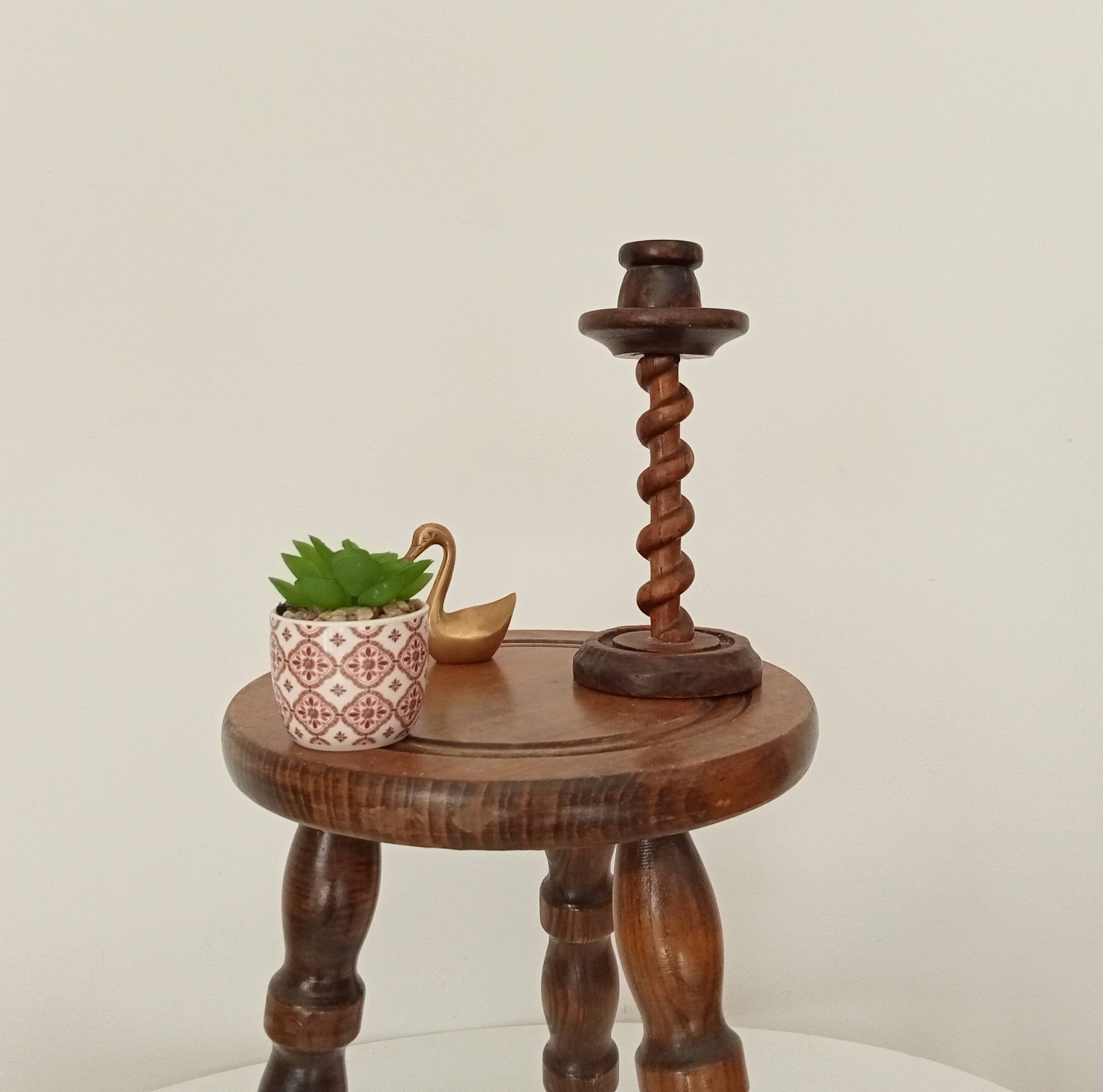 Vintage folk art turned wood candle holder