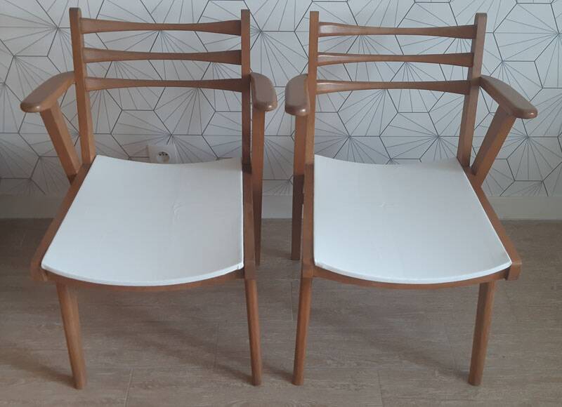 Pair of 1950s compass leg armchairs.