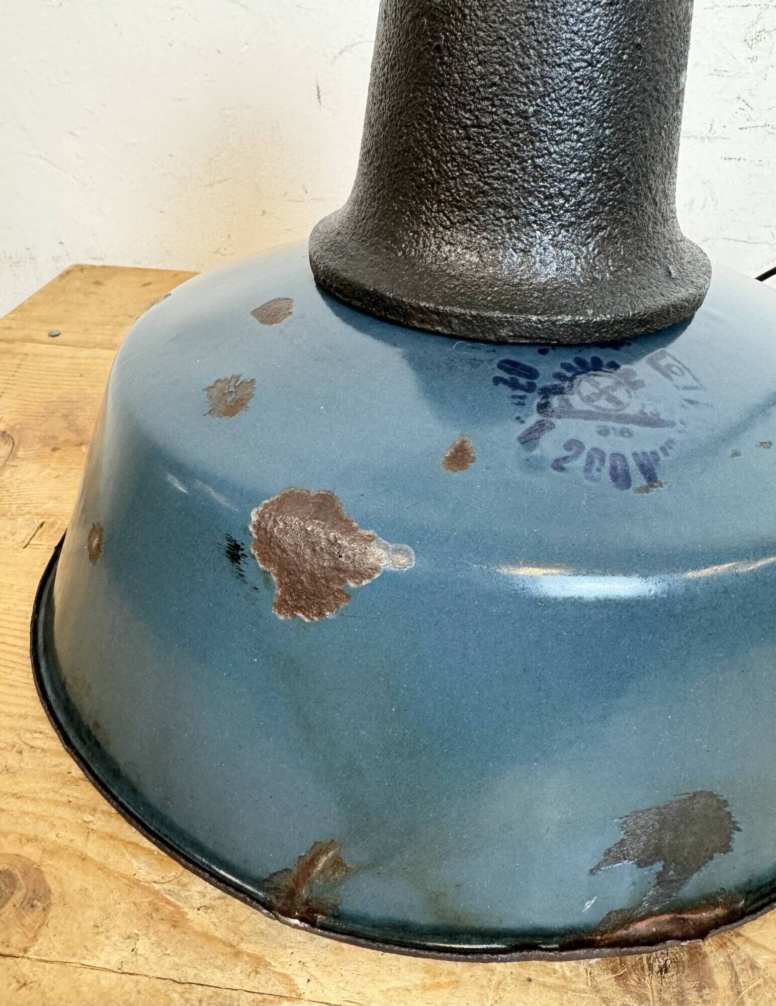 Industrial Blue Enamel Factory Lamp with Cast Iron Top, 1960s