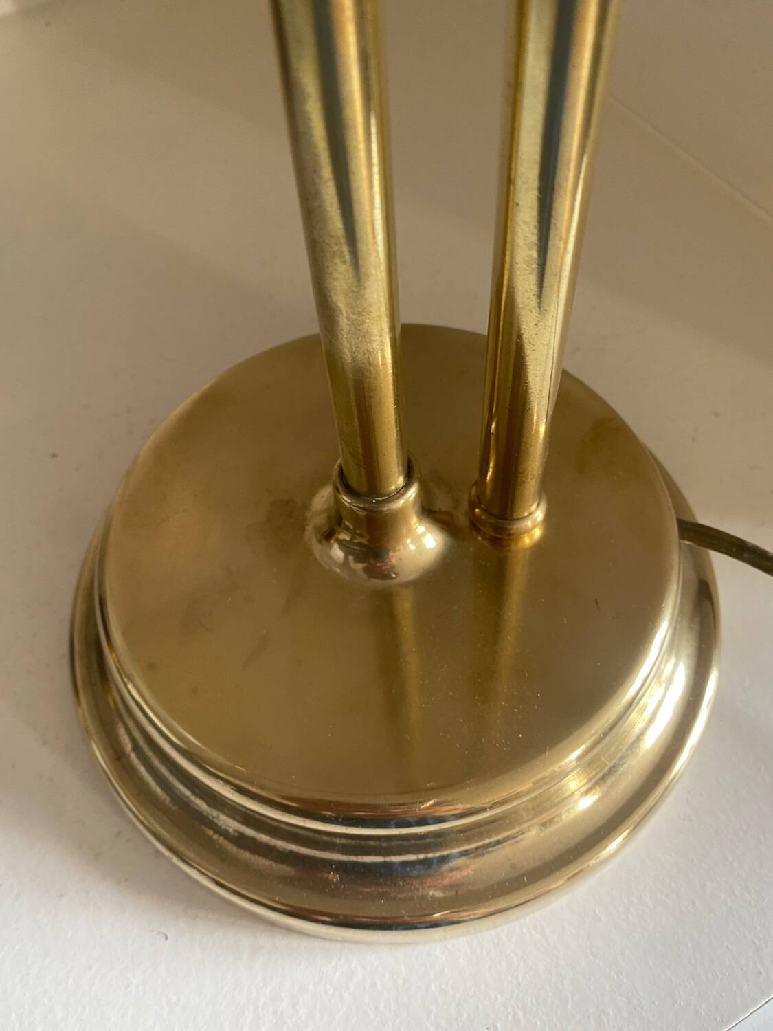 Large art deco brass lamp with swan neck and glass tulip globe